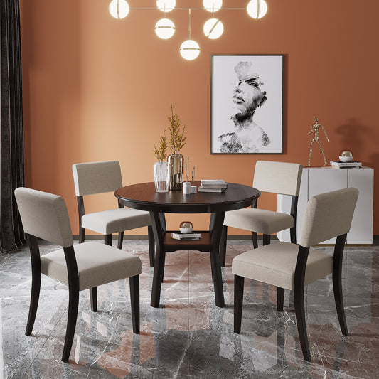 TREXM 5-Piece Kitchen Dining Table Set Round Table with Bottom Shelf, 4 Upholstered Chairs for Dining Room(Espresso)